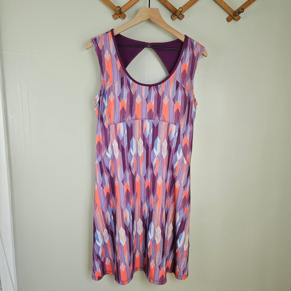 Prana Calico Sleeveless Dress Sz M Grapevine Gemstone Purple Orange Keyhole Back
